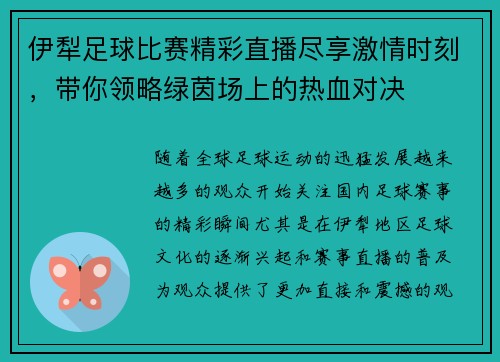 伊犁足球比赛精彩直播尽享激情时刻，带你领略绿茵场上的热血对决